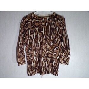 Talbots Womens Sweater Small Brown Animal Print Pure Merino Wool 3/4 Sleeve